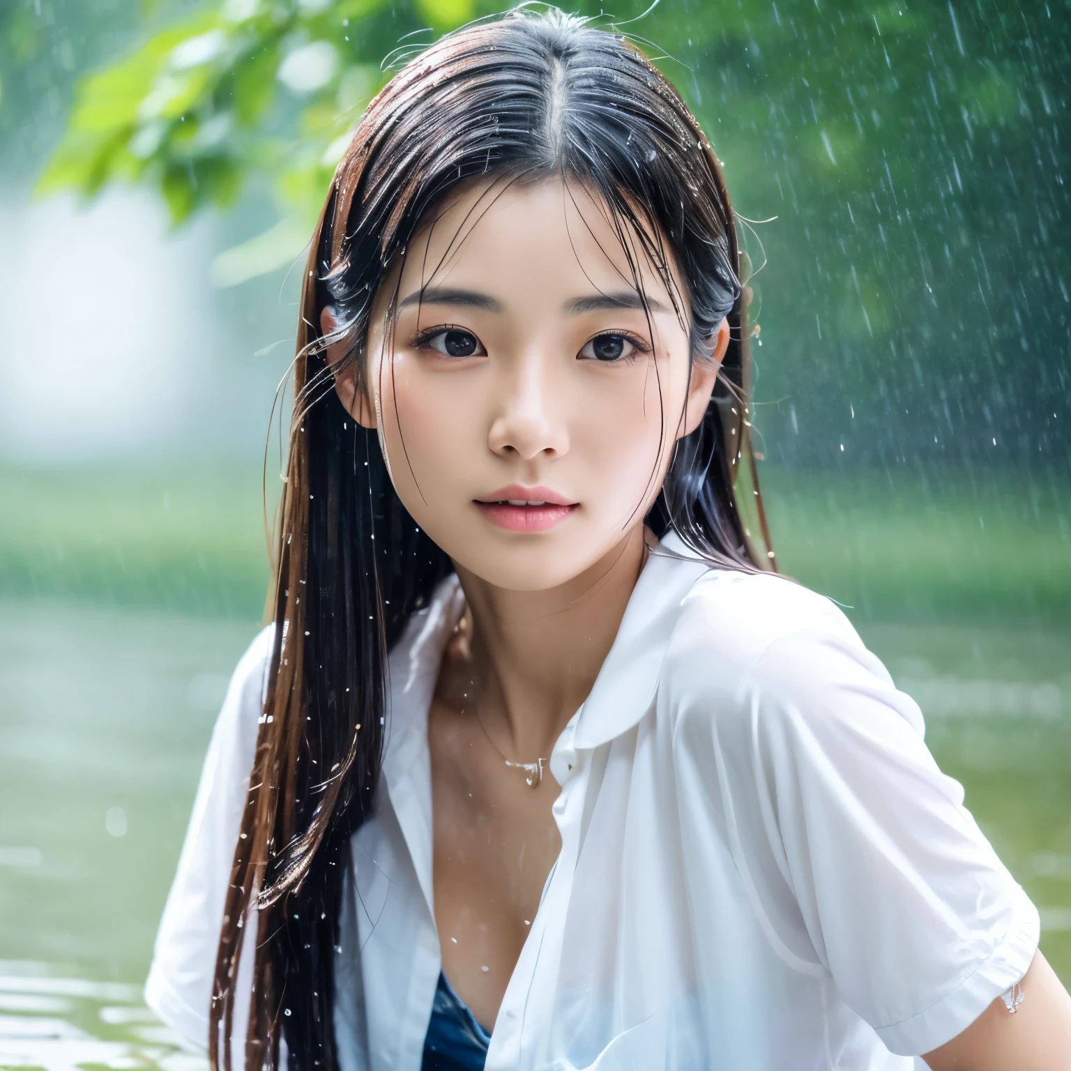 an Asian woman, wearing a short white shirt, short jeans, heavy rain, clothes wet with water, beautiful and detailed face, detailed skin, very realistic, HD, clear image quality,
