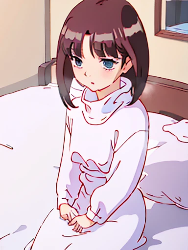 ((nsfw)),Bedroom、on the bed、sit、white turtleneck, white shirt,white long skirt