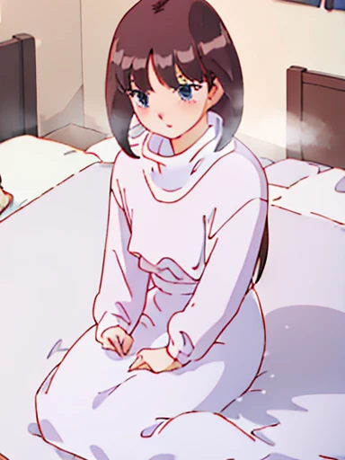 ((nsfw)),Bedroom、on the bed、sit、white turtleneck, white shirt,white long skirt