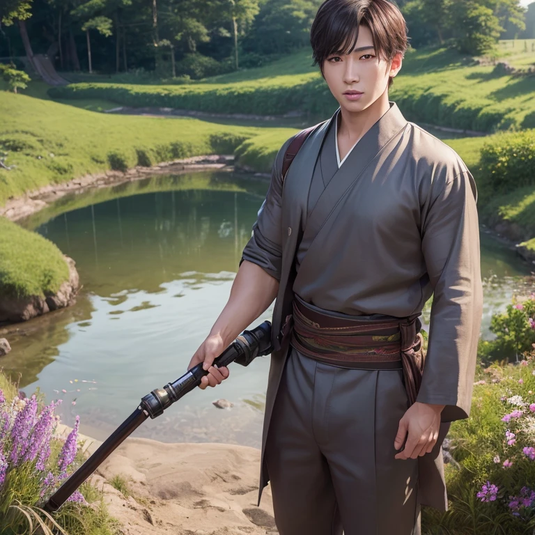 ハンサムなboy、(Photoreal:1.4),ultra high resolution, Super detailed, masterpiece, highest quality,oriental、boy、alone、game poster、kimono、pants、fields、farmer、(Upper body:1.3)