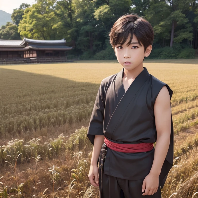 ハンサムなboy、(Photoreal:1.4),ultra high resolution, Super detailed, masterpiece, highest quality,oriental、boy、alone、game poster、kimono、pants、fields、farmer、(Upper body:1.3)