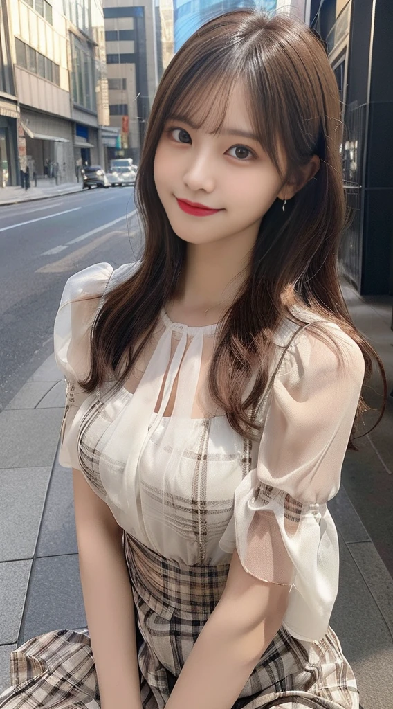 8K, masterpiece, RAW photo, highest quality, realistic, extremely detailed CG unity 8K wallpaper, Depth of bounds written, cinematic light, Lens flare, ray tracing, (very beautiful face, beautiful lips, beautiful drooping eyes), ((super dense skin)) 1 girl, ((Exposed nipple)), japanese, idol face, 1 girl, (very slim slender fit-muscled body:1.3), ((looking at the viewer)),(smile:1.3), ((Sheer blouse)), (short sleeve) ,clear eyes, (white skin), (Big eyes), look forward, (brown straight hair),((plaid skirt)), (looking at the viewer:1.3), (open chest), (very slim), rich bust, thick thighs, See through, ((squatting open legs)), ((bangs))