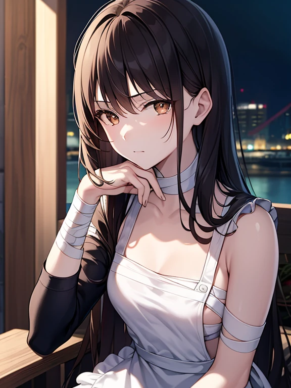 ((masterpiece, best quality)), (1 girl), (alone), (female focus), night (chainsawman),(The facial details are very rich, real image, Real white skin, photorealistic body, intricate details), Upper body, Serious , brown eyes, looking at the audience, bandage over the body, black hair, Far-sleeved shirt, Apron dress, black tie, bandage, bandage, small breasts