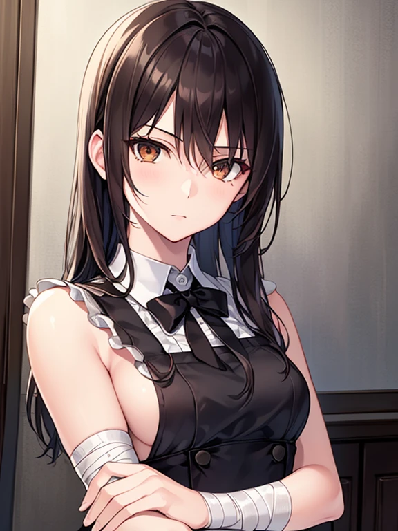 ((masterpiece, best quality)), (1 girl), (alone), (female focus), night (chainsawman),(The facial details are very rich, real image, Real white skin, photorealistic body, intricate details), Upper body, Serious , brown eyes, looking at the audience, bandage over the body, black hair, Far-sleeved shirt, Apron dress, black tie, bandage, bandage, small breasts