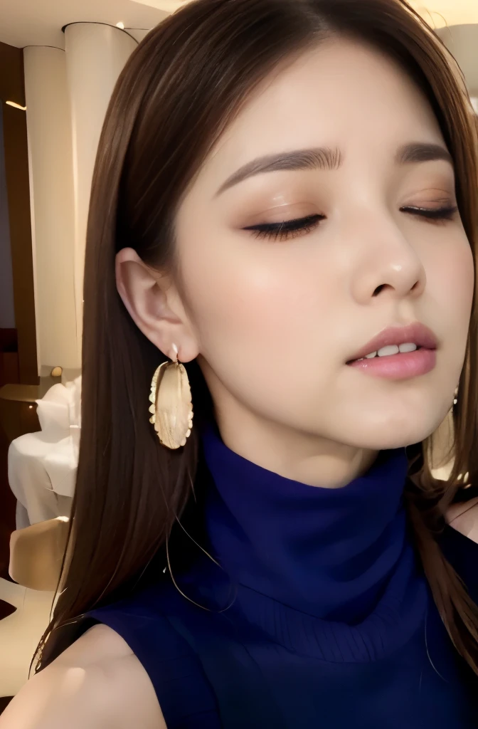 (((Violet Sleeveless Turtleneck Knitted Dress:1.2)))、(Innocent and elegant girl)、(cowboy shot:1.2)、(focus on face and chest)、big breasts、(luxury hotel:1.2)、From above、(straight hairstyle、brown hair、medium long hair)、Highly detailed face and skin texture、fine eyes、double eyelid、pale cheeks、 small shiny necklace and earrings、glossy lips:1.4、pure white skin:1.2、((big breasts:1.2))、((Close your eyes and ask for a kiss:1.2))、From above