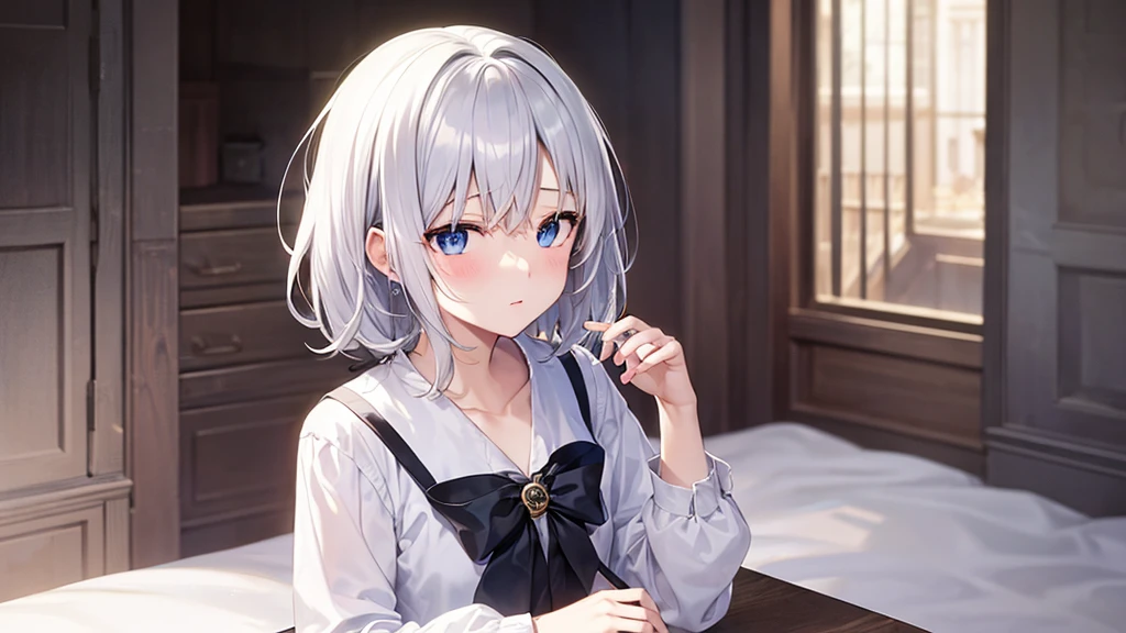 super high quality, with a girl, 20-year-old, very short hair, long bangs between the eyes, pale blue eyes , very detailed,(masterpiece、highest quality)、alone、gray hair、White skin as clear as snow、fantasy, silver hair, black eye, beautiful eyes,, ecstasy, charm, be smitten with audience, fantasyな風景、inside the house、white shirt