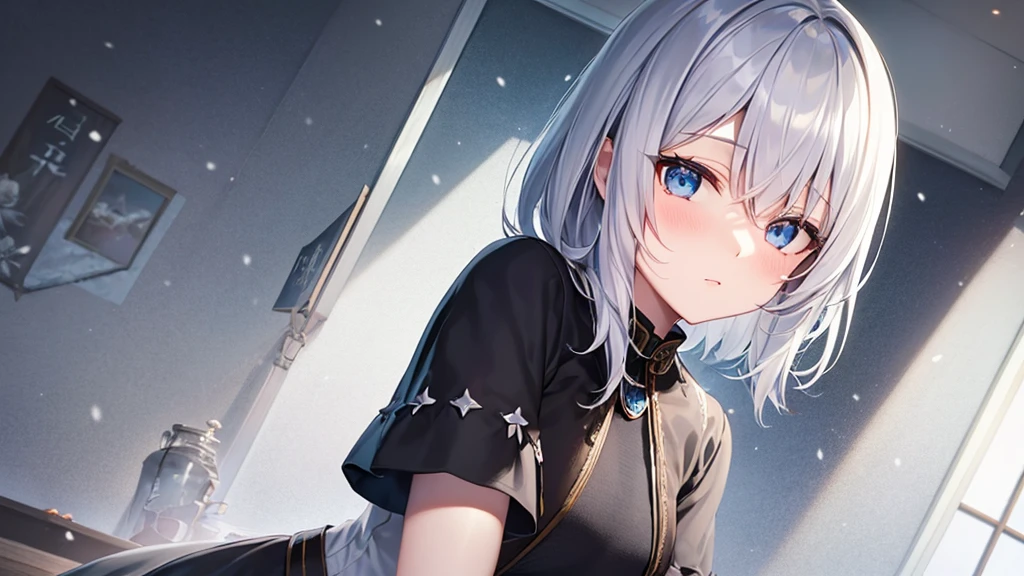 Ultra HD,Look at the viewers, Put your hands behind your back, With a girl, 20-year-old, 非常にShort Hair, Long bangs between the eyes, Pale blue eyes,  Very detailed,(masterpiece、Highest quality),Gray Hair、Laughter、Fantastic, Silver Hair, Iris,  Short hair、 Fluttering Hair、Small Face、明るいsmile、(Detailed face) ,Professional Lighting,Wonderful landscape,blue sky, sunlight,Looking down from above,Portraiture、Open your mouth、Flower Field、Her eyes were shining、Mysterious and enchanting atmosphere。With AI Painting、とてもShort Hair, Long bangs between the eyes, Very detailed,(masterpiece、Highest quality)、alone、Gray Hair、Fantasy, Silver Hair, Fantasyな風景、White shirt、smile、Open your mouth、short hair、Short Hair、hairpin、black eye、Grey Eyes、Beautiful Eyes、