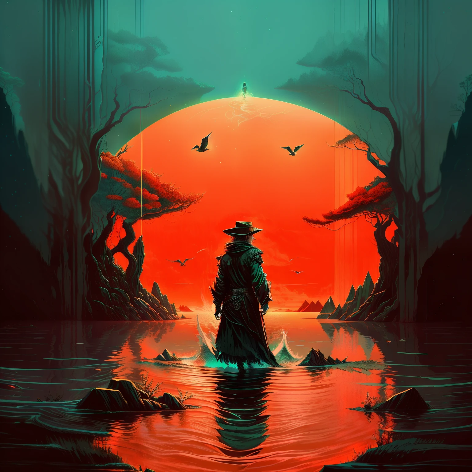 Ara of a man wearing a robe standing in a lake々new image, 4k detailed digital art, 4K high-definition digital art, amazing digital illustrations, and mumford. 8k octane rendering, beautiful digital artwork, Amazing artwork in 8K, 3d render beeple, sci-fi digital art illustration, Digital Art 4K Anxiety