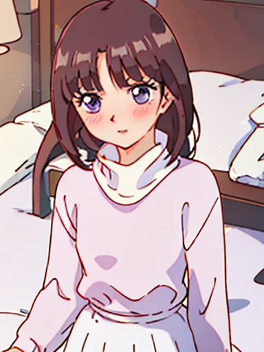 ((nsfw)),Bedroom、on the bed、lie down、Watery eye、blush、white turtleneck, white shirt,white long skirt