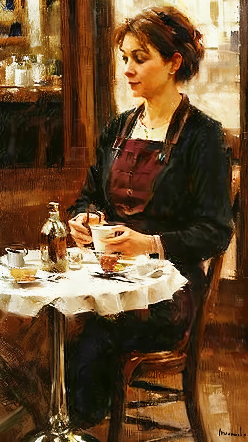 Lady sipping coffee, coffee shop, oil painting