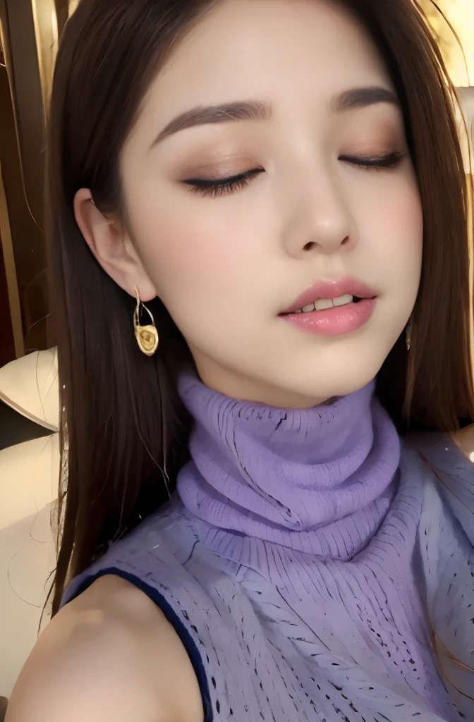 (((Violet Sleeveless Turtleneck Knitted Dress:1.2)))、(Innocent and elegant girl)、(cowboy shot:1.2)、(focus on face and chest)、big breasts、(luxury hotel:1.2)、From above、(straight hairstyle、brown hair、medium long hair)、Highly detailed face and skin texture、fine eyes、double eyelid、pale cheeks、 small shiny necklace and earrings、glossy lips:1.4、pure white skin:1.2、((big breasts:1.2))、((Close your eyes and ask for a kiss:1.2))、From above