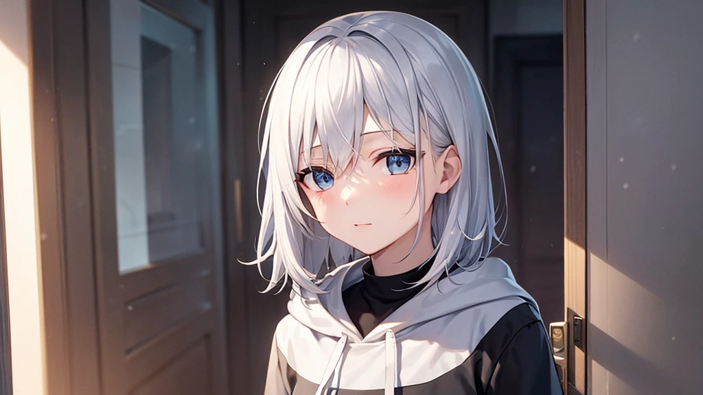 super high quality, with a girl, 20-year-old, very short hair, long bangs between the eyes, pale blue eyes , very detailed,(masterpiece、highest quality)、alone、gray hair、White skin as clear as snow、fantasy, silver hair, black eye, beautiful eyes,, ecstasy, charm, be smitten with audience, fantasyな風景、inside the house、white hoodie、black shirt