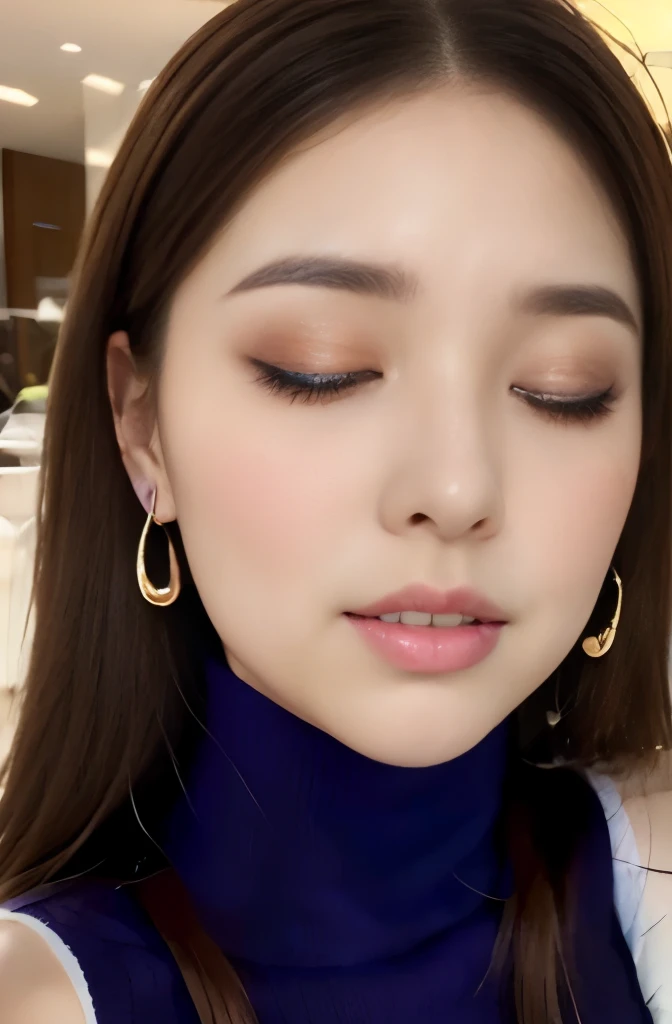 (((Violet Sleeveless Turtleneck Knitted Dress:1.2)))、(Innocent and elegant girl)、(cowboy shot:1.2)、(focus on face and chest)、big breasts、(luxury hotel:1.2)、From above、(straight hairstyle、brown hair、medium long hair)、Highly detailed face and skin texture、fine eyes、double eyelid、pale cheeks、 small shiny necklace and earrings、glossy lips:1.4、pure white skin:1.2、((big breasts:1.2))、((Close your eyes and ask for a kiss:1.2))、From above