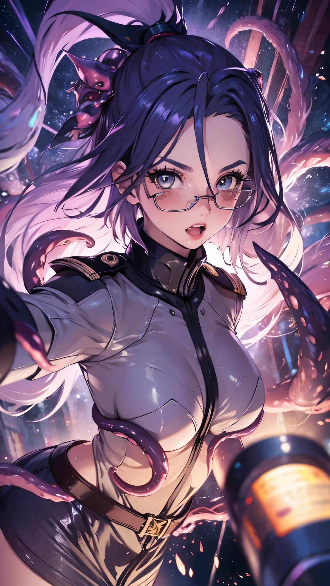 woman,25 years old,,city,night,(((white and blue tight miniskirt bodysuit))),,open mouth smile(())glasses,((beautiful long ponytail)),(()),blush、surprised face,(((Tentacles wrap around the body))),(())(((raped by tentacles)))