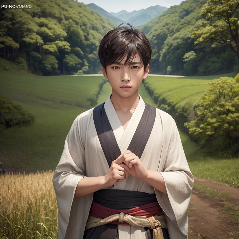 Handsome 、(Photoreal:1.4),ultra high resolution, Super detailed, masterpiece, highest quality,oriental、boy、alone、game poster、kimono、pants、fields、farmer、(Upper body:1.3)