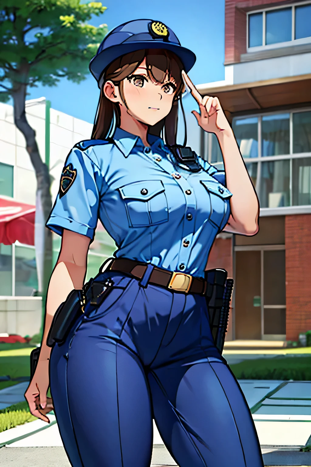 large breasts,police uniform, light blue shirt, blue pants, breast pocket, best quality, masterpiece,blue cap,black belt,policewoman,jp-police,brown hair