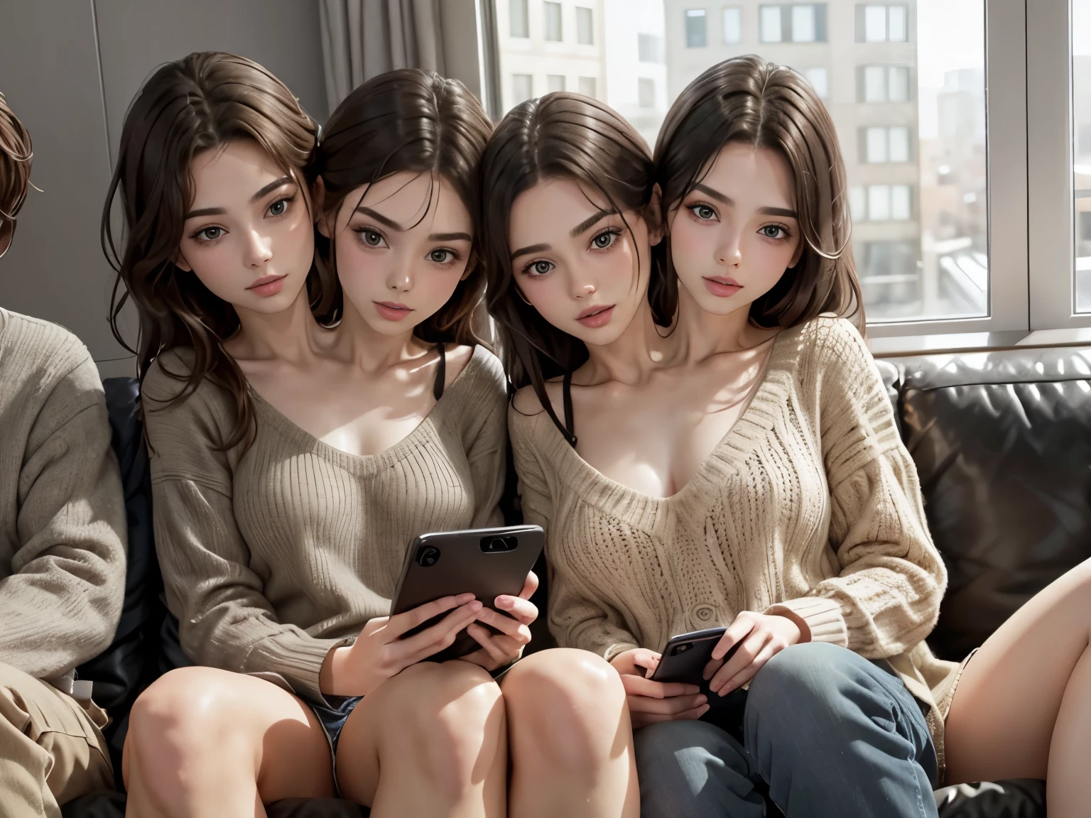 Several men and women, sitting on the sofa, looking at their mobile phones. Detailed faces, perfect proportions, perfect lighting, very detailed, (two heads)
