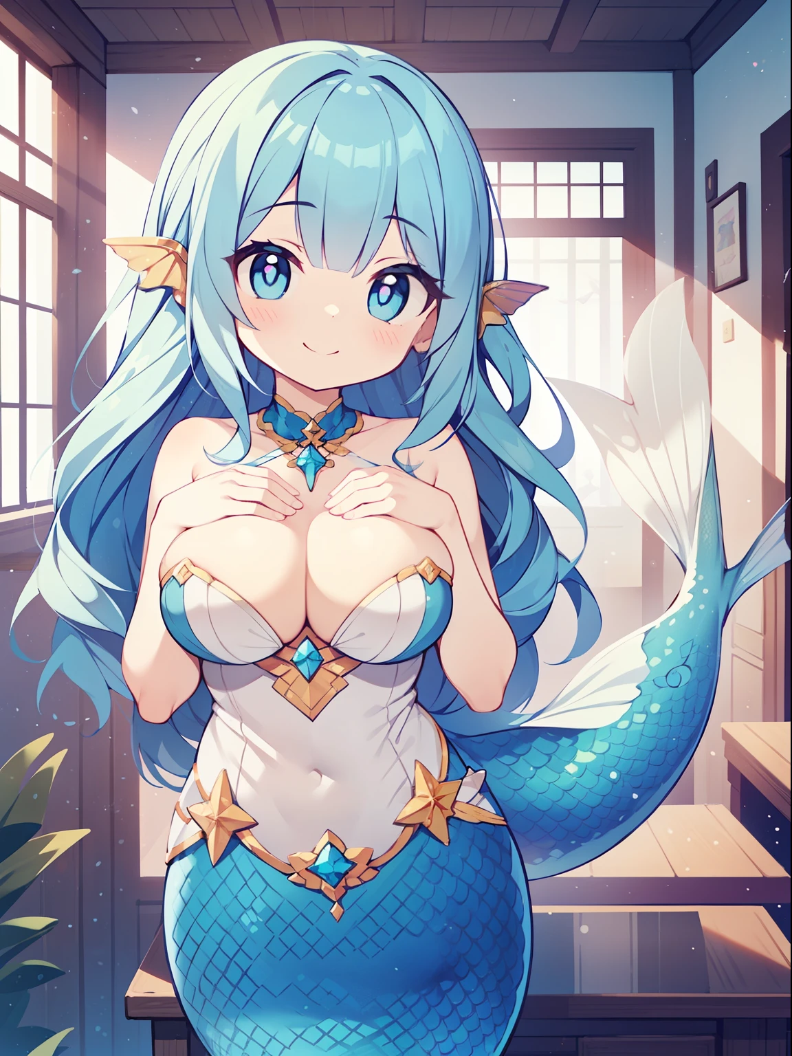 (mermaid girl:1.2), (1 person:1.2),(10 year old girl)、young girl、big breasts、 table top, nffsw、shader、highly detailed eyes、blue hair、long hair、long hairで胸が隠されている、silky hair、ultra-intricate pupil in eyes、highest quality、bright colors、Bust 100、Standing picture of the game、Pose that emphasizes the chest、upper body naked、The lower body is a fish、blue scales、rub your chest、vapor、bare hands、grinning expression、eyes half closed、open your mouth、Mr.々Position、fold your hands behind your back、Hide your hands、evil smile