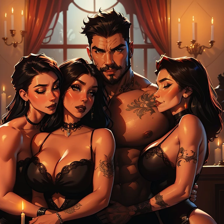 One Handsome short-haired tall huge barbarian beefy muscular Chad in center-of-composition hugging five beautiful bitches tackling him and touching him and feeling him and snuggling him, dressed like goth punk witches, perfect bodies with nice asses, women: very long flowing hair, flowers in hair, seductive, tattoos, ornate materials, jewelry, 8k photography, raytracing, photorealistic, masterpiece, in love, grins, perfect faces, Flirtatious, setting: a decorated dark neon Halloween party in a fancy castle, dark except for candle light, harem, watercolor, racially diverse, kissing each other, adoration, worship,