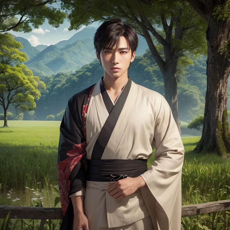 Handsome 、(Photoreal:1.4),ultra high resolution, Super detailed, masterpiece, highest quality,oriental、boy、alone、game poster、kimono、pants、fields、farmer、(Upper body:1.3)