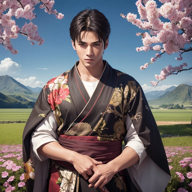 Handsome 、(Photoreal:1.4),ultra high resolution, Super detailed, masterpiece, highest quality,oriental、boy、alone、game poster、kimono、pants、fields、farmer、(Upper body:1.3)