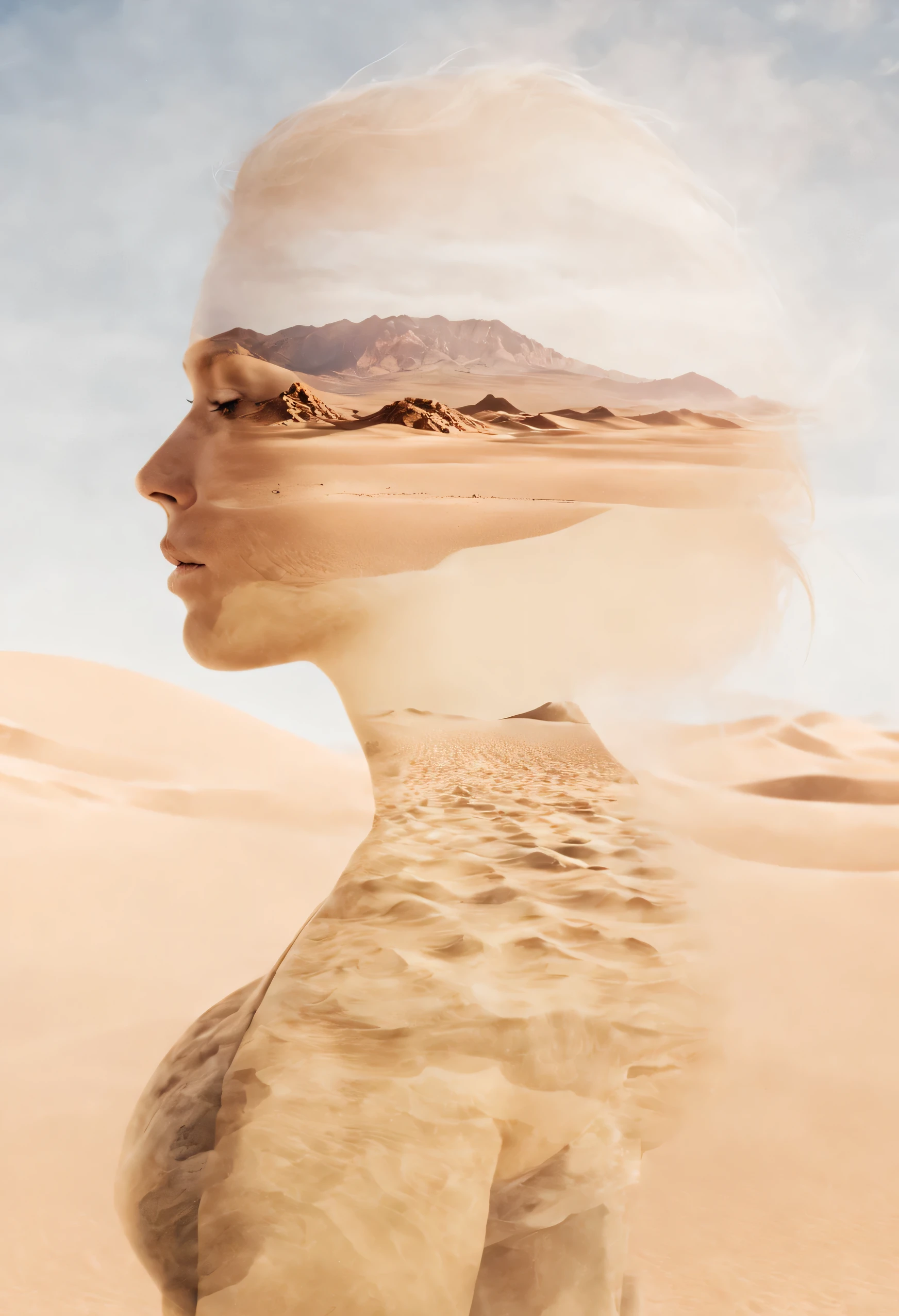 Double exposure style of woman blending in with desert