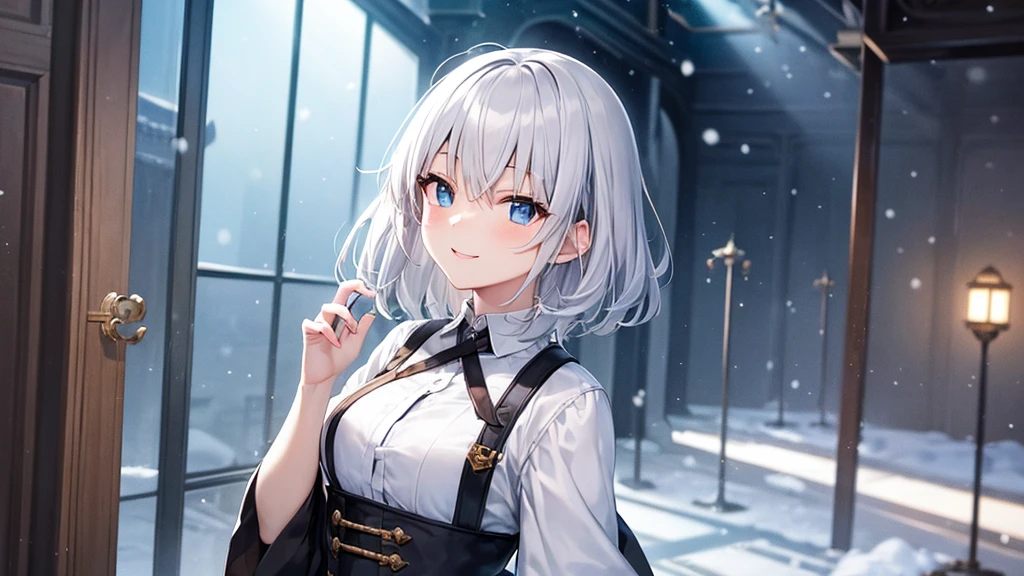 super high quality, with a girl, 20-year-old, very short hair, long bangs between the eyes, pale blue eyes , very detailed,(masterpiece、highest quality)、alone、gray hair、White skin as clear as snow、fantasy, silver hair, black eye, beautiful eyes,, ecstasy, charm, be smitten with audience, fantasyな風景、inside the house、white shirt、smile