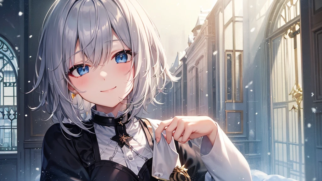 super high quality, with a girl, 20-year-old, very short hair, long bangs between the eyes, pale blue eyes , very detailed,(masterpiece、highest quality)、alone、gray hair、White skin as clear as snow、fantasy, silver hair, black eye, beautiful eyes,, ecstasy, charm, be smitten with audience, fantasyな風景、inside the house、white shirt、smile