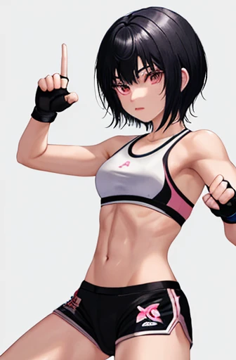 16 year old Japanese female mixed martial artist。muscle。six pack。black hair short cut。Strong-willed eyes。As a ring costume、white sports bra with pink trim(MAI is written in pink letters.)and shorts、Wearing open finger gloves。