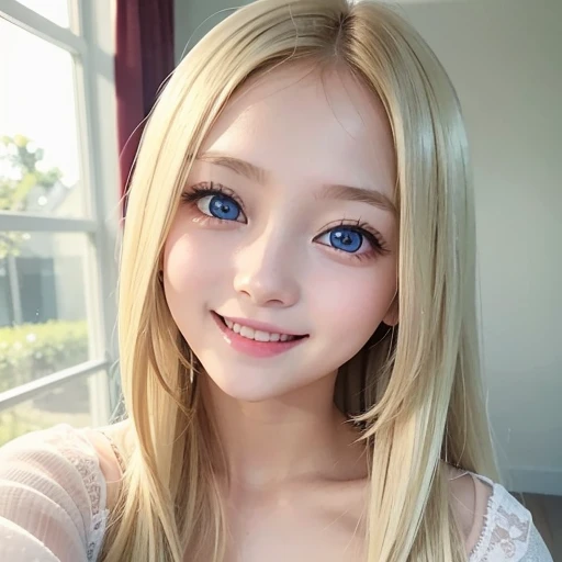 one very beautiful cute young girl、、((very happy smile ))、Embarrassed blush、shiny skin、 Very beautiful cute face、Shiny and very beautiful pure white skin、Very beautiful and cute light blue eyes、Beautiful very long shiny blonde hair with golden shine、Beautiful cute bright look、Clear double eyelids