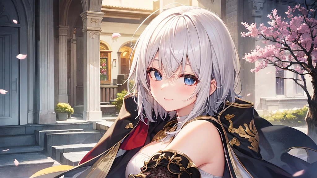 super high quality, with a girl, 20-year-old, very short hair, long bangs between the eyes, gray eyes , blue sky, sunlight, very detailed,(masterpiece、highest quality)、alone、gray hair、fantasy, silver hair, beautiful eyes,, ecstasy, charm, be smitten with audience, fantasyな風景、Princess、close up of face、white clothes