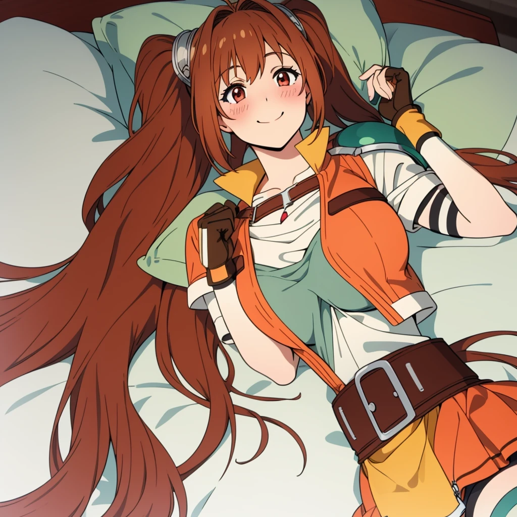 masterpiece, best quality, scEstelle, cropped jacket, green shoulder pad, (no shirt), orange skirt, belt, brown gloves, white thighhighs, smile, looking at viewer, (solo), (lying), Bedroom, pillow, huge breasts, blush, upper body,