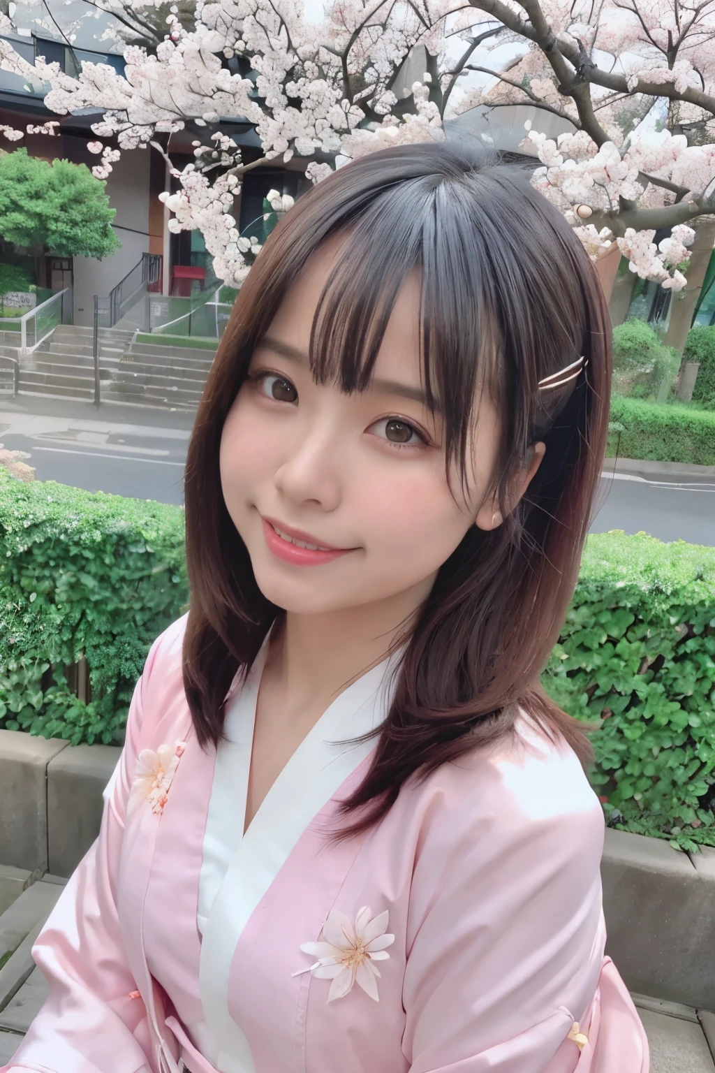 highest quality, ultra high resolution, (realistic:1.4),blush,cute,(detailed face),light smile, 
looking at the viewer,
Upper body, kimono, 
Sunny,river,(cherry blossoms),blue sky,
