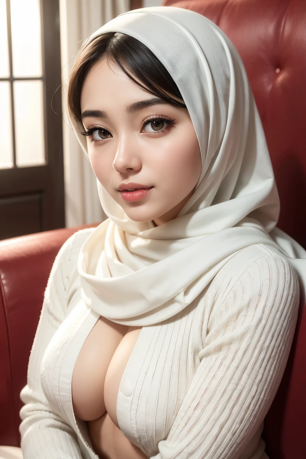 (best quality,ultra-detailed,realistic:1.37),professional,portrait,Indonesian,age girl,white skin,beautiful face,attractive features,big eyes(big,beautiful detailed eyes),long eyelashes,beautiful detailed lips,big breasts,pose on a sofa,hot style,white hijab,cute,sexy,model,artistic,lighting effects,soft focus,charming smile,vivid colors.