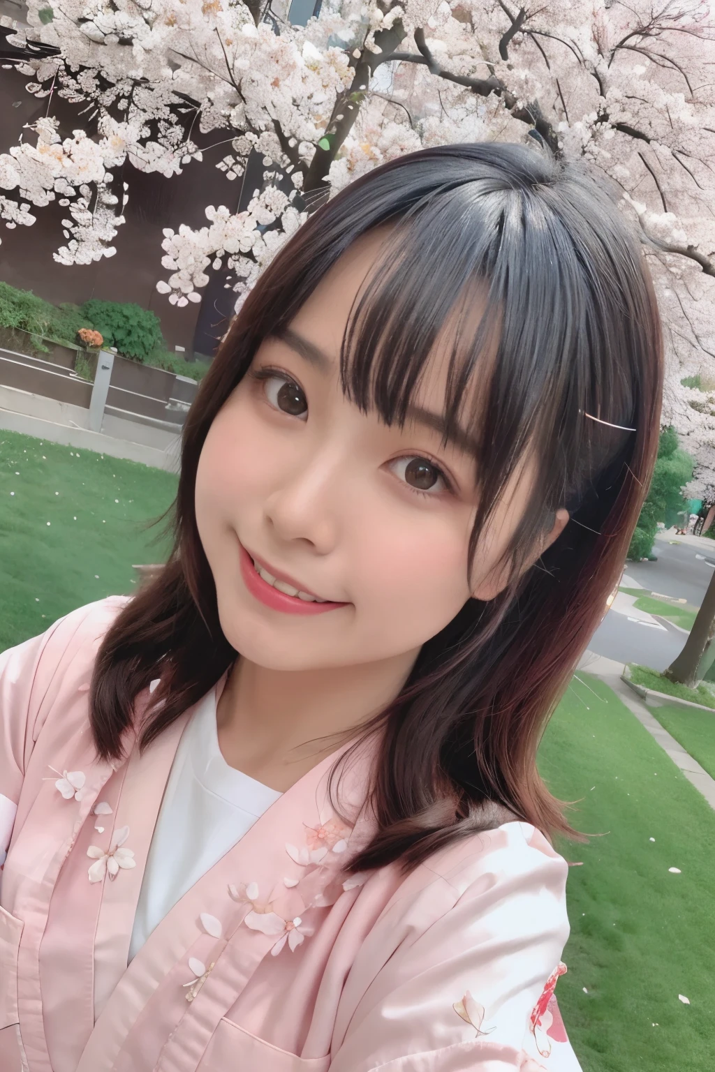 highest quality, ultra high resolution, (realistic:1.4),blush,cute,(detailed face),light smile, 
looking at the viewer,
Upper body, kimono, 
Sunny,river,(cherry blossoms),blue sky,
