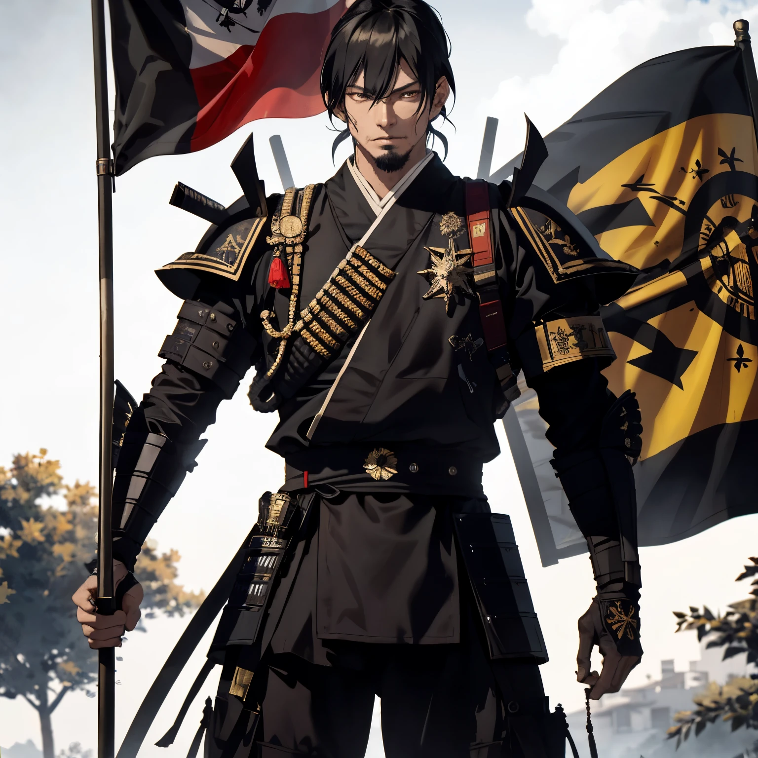 Ultra-realistic 8K photograph, masterpiece, best quality, a samurai named Yusuke, solo, the first black samurai, rugged and rustic appearance, clad in traditional armor, with the distinctive flag of Mozambique as a backdrop. The photograph captures the intricately detailed armor and the piercing gaze of Yusuke, with beads of sweat forming on his forehead, adding to his authentic and imposing presence. The flag flutters gently in the breeze, its colors vibrant against the natural backdrop of the countryside. The warm sunlight filters through the trees, casting a golden glow on the scene, making for a captivating and visually stunning