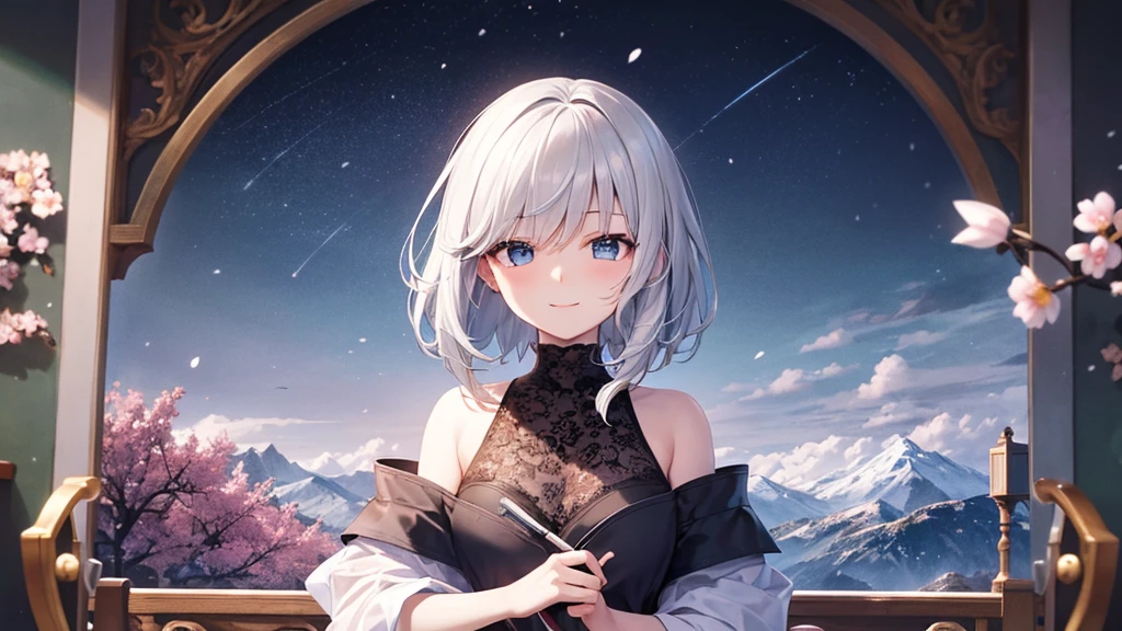 super high quality, with a girl, 20-year-old, very short hair, long bangs between the eyes, pale blue eyes , very detailed,(masterpiece、highest quality)、alone、gray hair、White skin as clear as snow、fantasy, silver hair, black eye, beautiful eyes,, ecstasy, charm, be smitten with audience, fantasyな風景、white shirt、smile、flower garden、Cherry blossoms fall