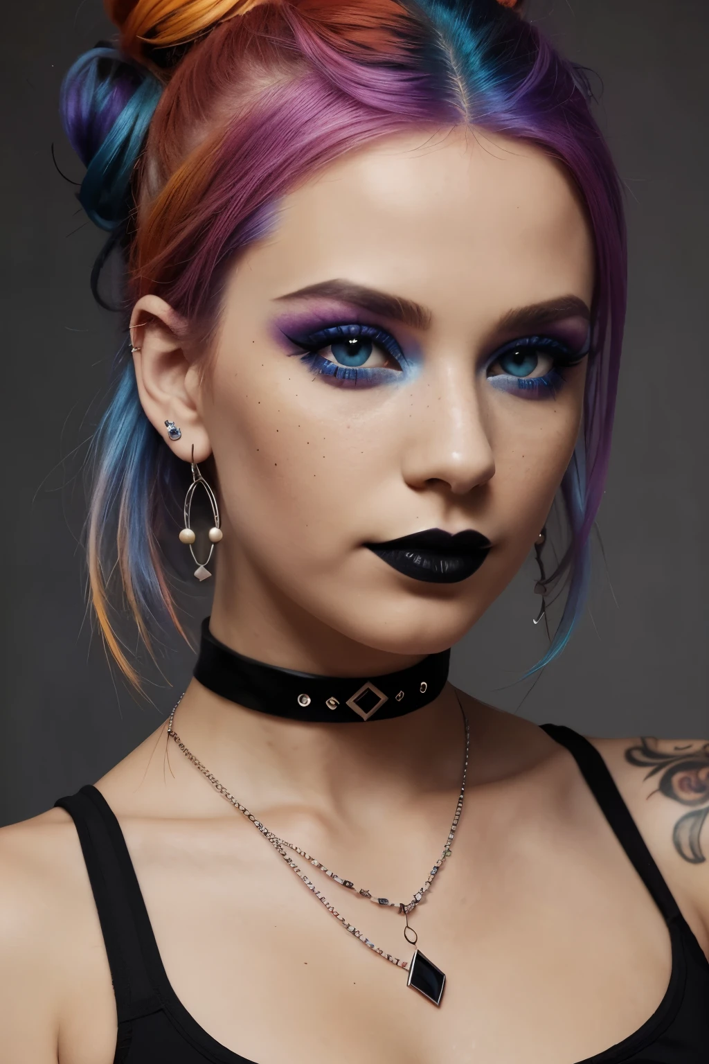 Cover
1girl, solo, looking at viewer, blue eyes, hair ornament, jewelry, blue hair, collarbone, upper body, flower, multicolored hair, earrings, choker, necklace, hair bun, orange hair, two-tone hair, tattoo, makeup, black choker, piercing, tank top, lipstick, ear piercing, portrait, eyeshadow, freckles, gothic, black lips, lip piercing, rainbow hair, vibrant, dark fantasy, photo, posterv0.2
