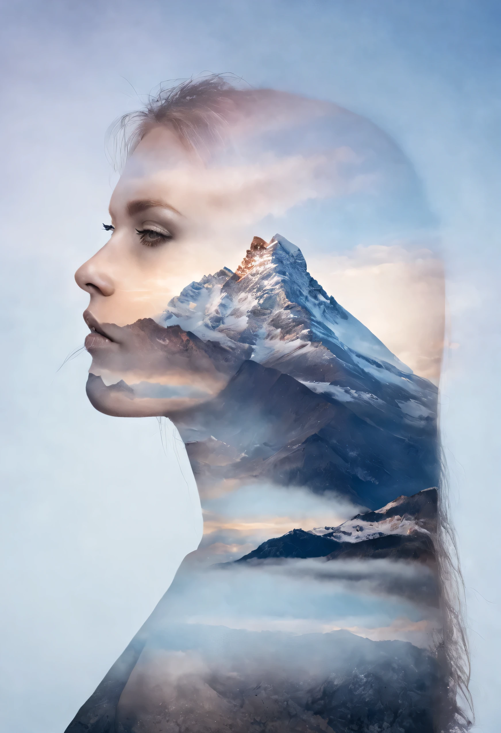 Double exposure style where woman and mountain blend together