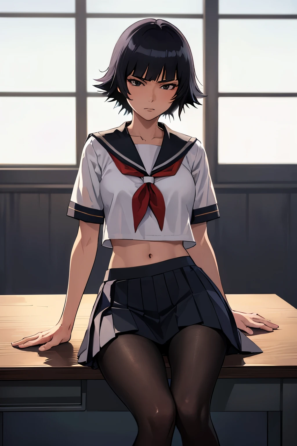 ultra-realistic 8k CG, masterpiece, ((ultra-detailed background, expressive eyes, fine drawing, intricate details, high detail, better quality fine details, hyper-detailed face)), (photorealistic: 1.4), beautiful lighting, RAW photo, film grain, soi fon, 1girl, solo, ((dark black hair, short hair)), ((dark black eyes)), black irises, makeup, side strands, (( slim girl)), ((detailed background, inside, dim lighting, moody lighting, inside classroom)), (intricately detailed full-body shot)), ((intricately detailed face and character)), sweating, detailed face, beautiful face, sharp stern features, petite, thin, skinny, kubo tito, kubo tito (style), bleach (manga), bleach manga style, asian eyes, inspired by Kusumi Morikage, toned, small breasts, toned, long slender legs, thin legs, ((pretty arched feet)), ((light grey sports bra)), ((neckerchief, pleated skirt, red neckerchief, school uniform, serafuku, shirt, short sleeves, skirt, white shirt, school uniform, pantyhose, black penny shoes)), sitting on desk, facing viewer