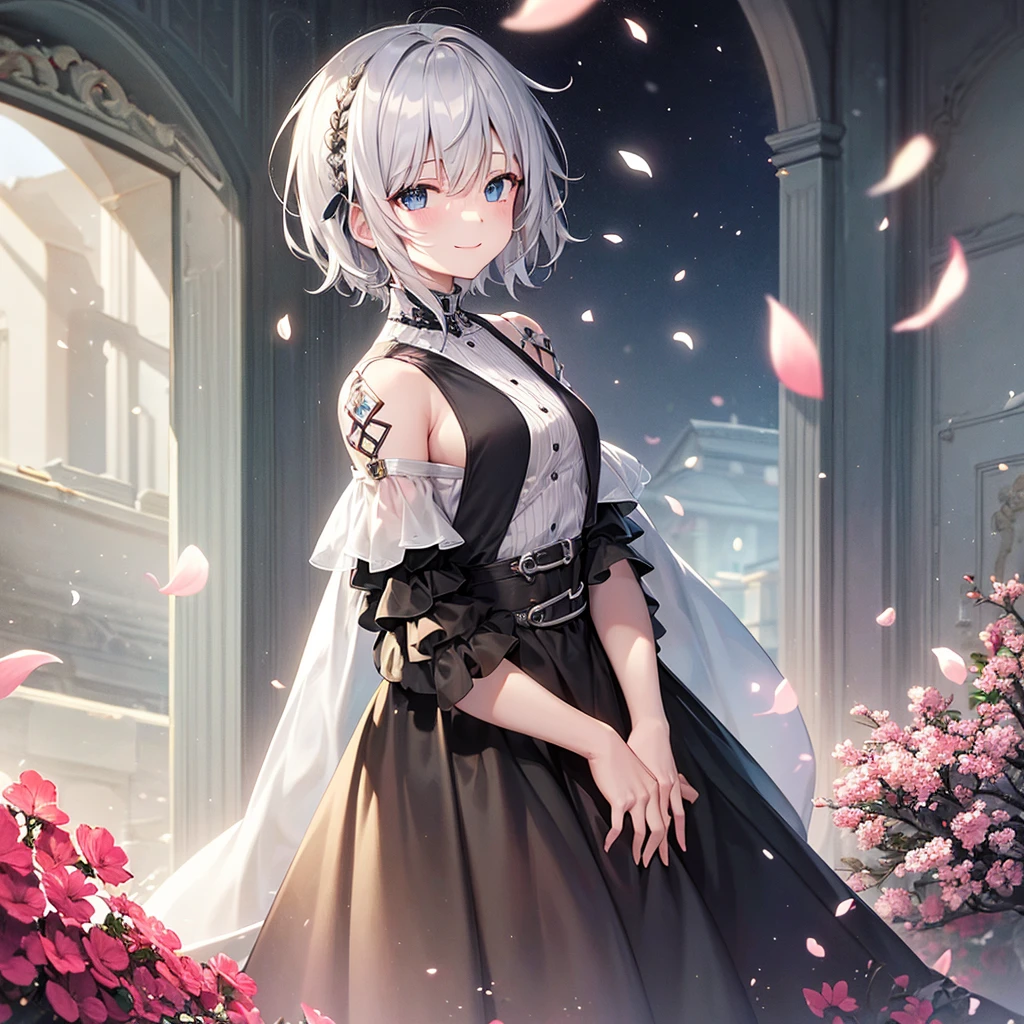 super high quality, with a girl, 20-year-old, very short hair, long bangs between the eyes, pale blue eyes , very detailed,(masterpiece、highest quality)、alone、gray hair、White skin as clear as snow、fantasy, silver hair, black eye, beautiful eyes,, ecstasy, charm, be smitten with audience, fantasyな風景、white shirt、smile、flower garden、Cherry blossoms fall