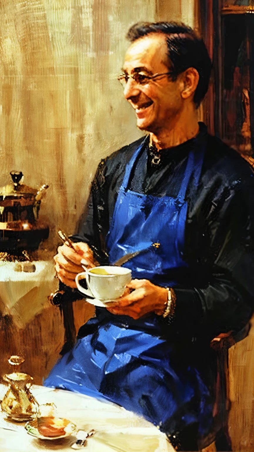 Man, smiling, pouring coffee into cup, oil painting 