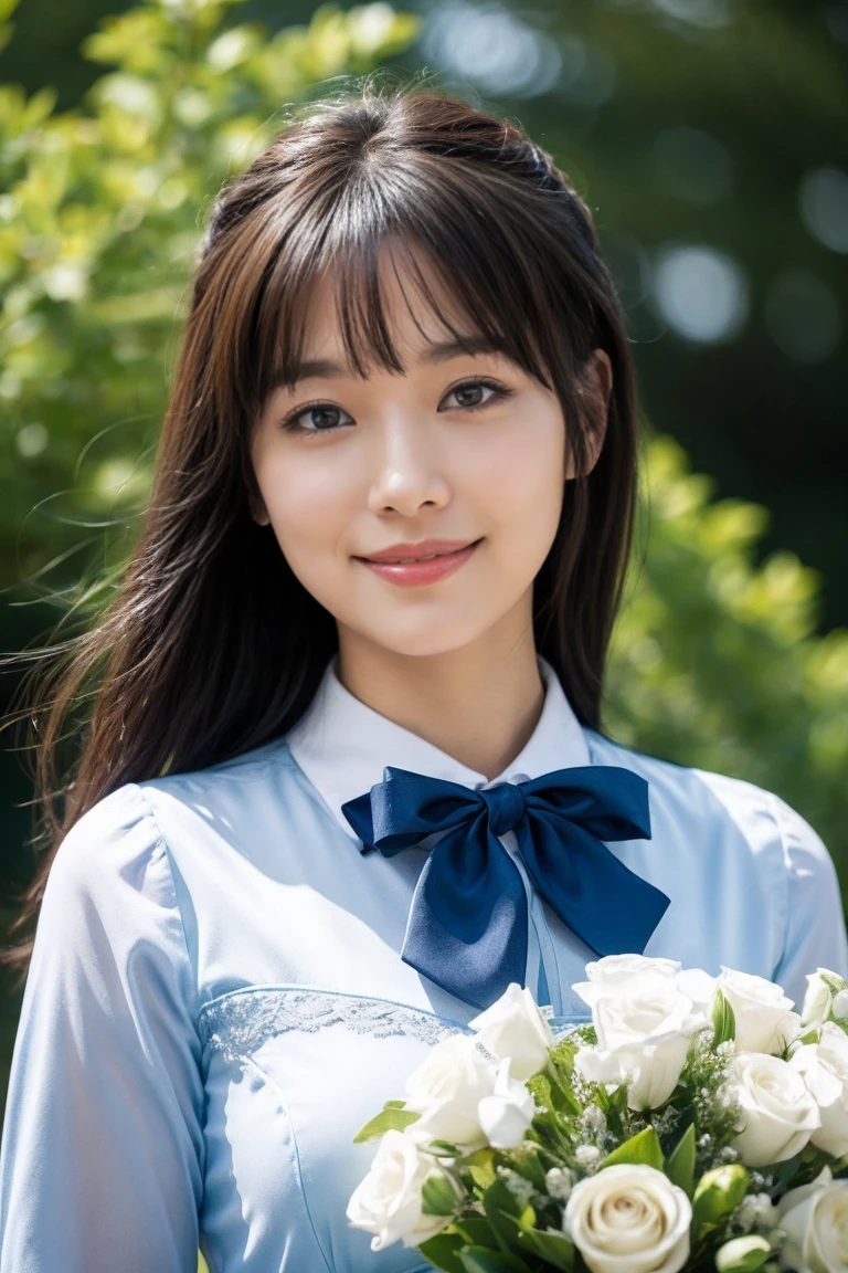 Medium view, medium shot, Depth of bounds written, bust, Upper body, cinematic angle, masterpiece, highest quality, Super detailed, cg, 8k wallpaper, beautiful face, delicate eyes, maiden, alone, smile, bangs, skirt, shirt, have, marine blue dress, bow, petal, bouquet