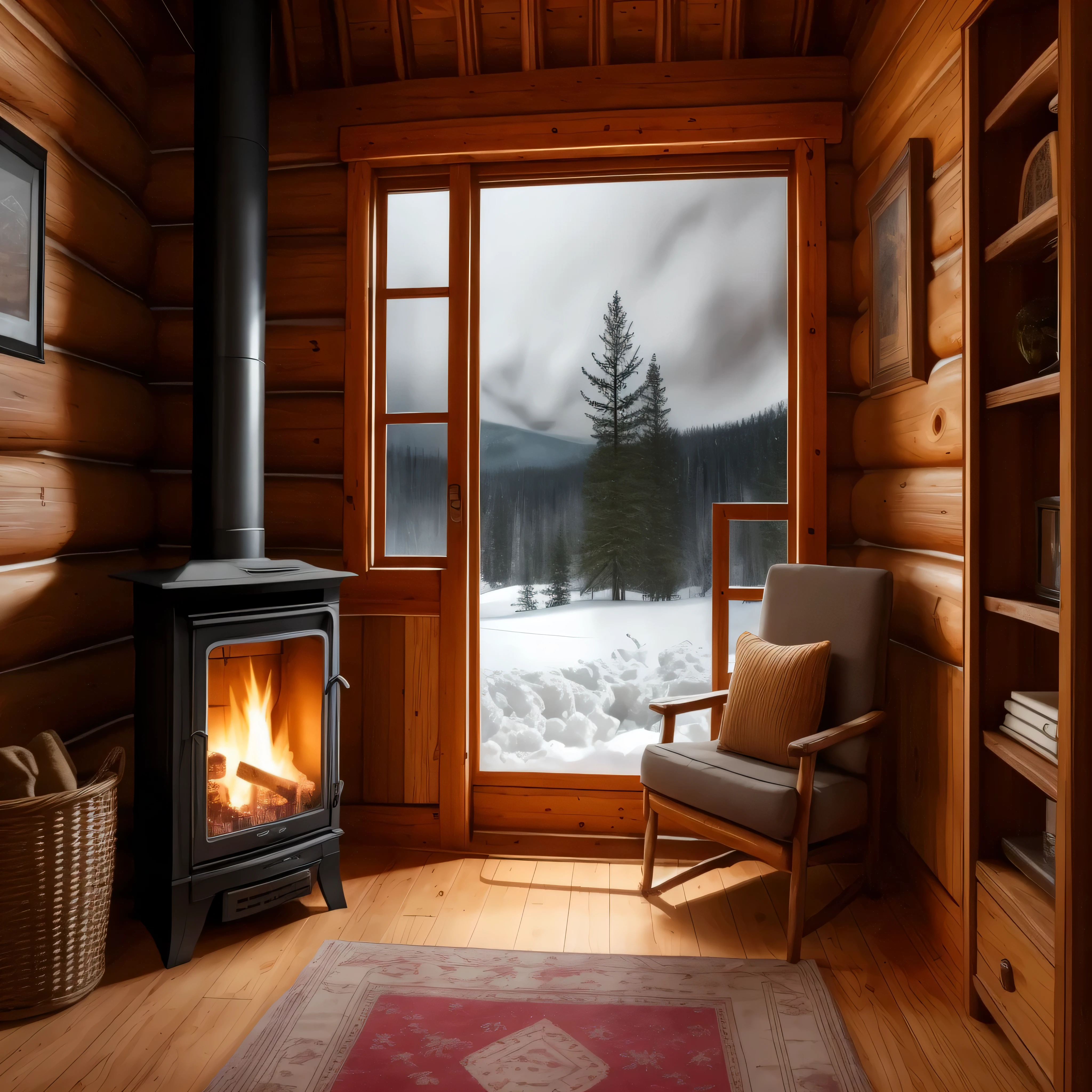 there is a chair in front of a fireplace in a cabin, warm interior, cozy environment, cozy place, in a cabin, inside of a cabin, cozy and peaceful atmosphere, warm fireplace, cozy setting, cozy home background, winter setting, in front of a fireplace, warm living room, cosy atmoshpere, cozy wallpaper, warm interiors, cozy and calm