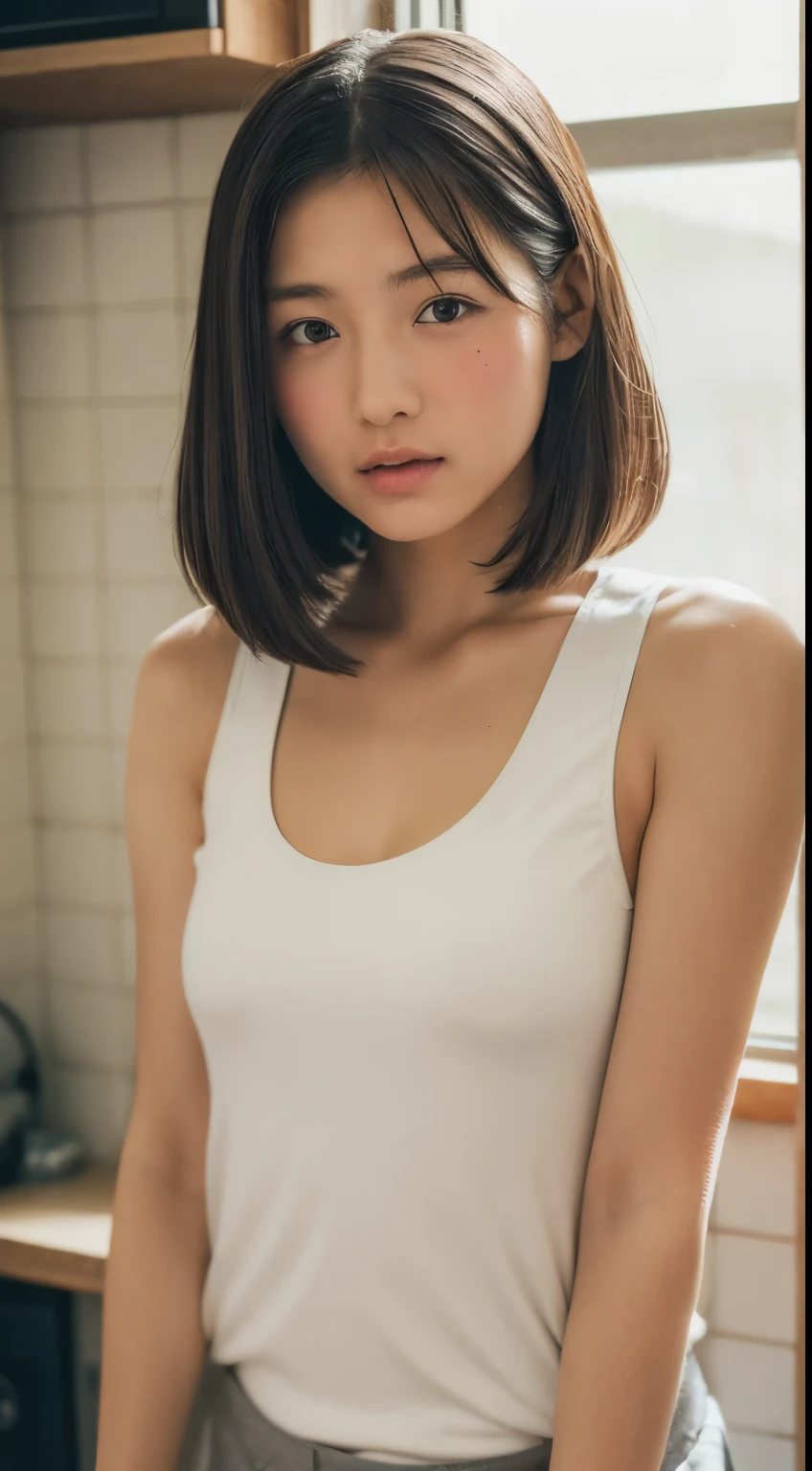 Neat and clean woman、petite person、Delicate body、tiny chest、small tits、smaller face、Slimed、(flat boobs、small tit)、Beautiful、Adorable, Women in Japan、Girlish、28 year old、A dark-haired、Short hair、ultra-detailliert、broad shoulders、Delicate and sexy collarbone、studio shoot、full body profile camera shot, Full - Body - Front Shot、frontage、