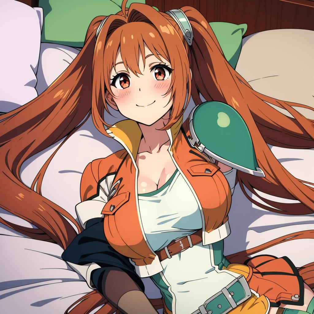 masterpiece, best quality, scEstelle, cropped jacket, green shoulder pad, (no shirt), (cleavage) orange skirt, belt, brown gloves, white thighhighs, smile, looking at viewer, (solo), (lying), Bedroom, pillow, huge breasts, blush, upper body,