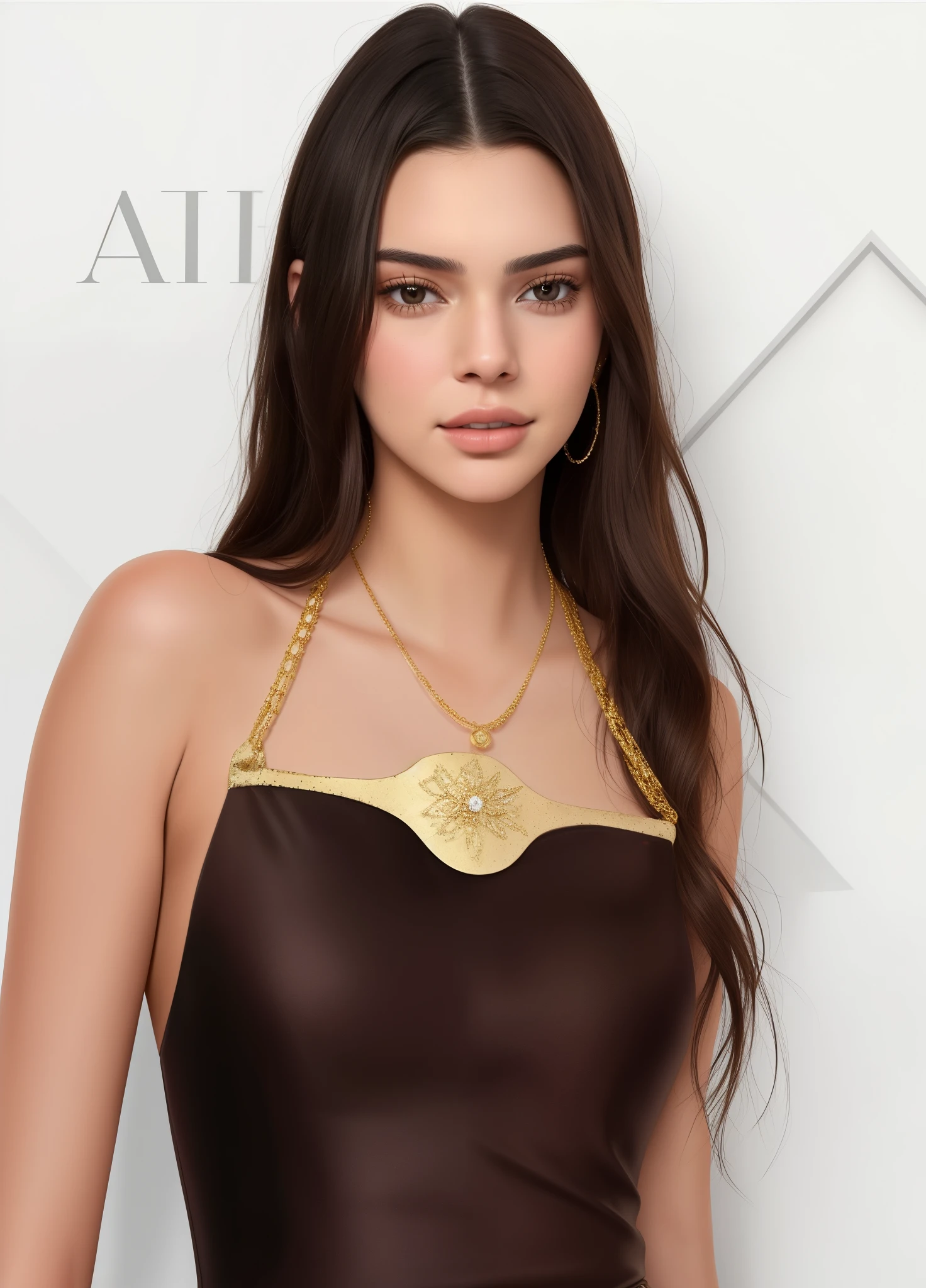 a closeup of a woman wearing a brown dress and a gold necklace, Kendall Jenner, Dua Lipa, taken in the early 2020s, in a gold one piece swimsuit, Emily Ratajkowski, portrait Emily Ratajkowski, pero una mirada severa sobre ella, foto de la bella gal gadot, photogrAph credit: Ap, mirada sexy, Sonrisa malvada,  Kendall Jenner