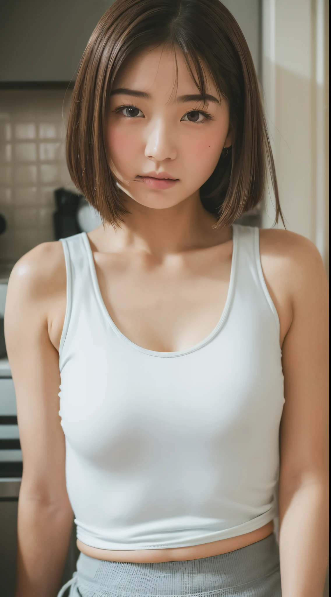 (In the kitchen of an old folk house:1.5)、((Wearing a white tank top:1.5))、((Bottoms wear gray urethane sports shorts:1.3))、(​masterpiece、top-quality) 、Soft lighting、absolutely outstanding image, very extremely beautiful、​masterpiece, top-quality,Photos, kawaii、(Colossal tits:1.2)、20 year old girl、(The skin is reddened:1.ung adorable Japan face, dewy skin, close up of face, Young Face, soft portrait shot 8 k,  Japan girl realistic young idol、Young cute gravure idol、Young gravure idols、Young gravure idols in Japan