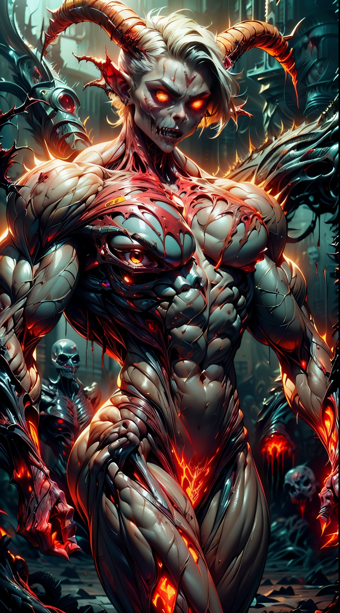 (1 girl), (cara delevingne:1.25), (carnage skinless physique:1.5), (1 super muscular undead skinless succubus with gigantic horns:1.5), (covered in red necrotic rotting skinless muscle:1.5), (exposed muscles & veins everywhere:1.5), (perfect fingers:1.25),(8k, RAW photo, photorealistic:1.25), dark horrific scary atmosphere, hellish landscape, Hellraiser like atmosphere,