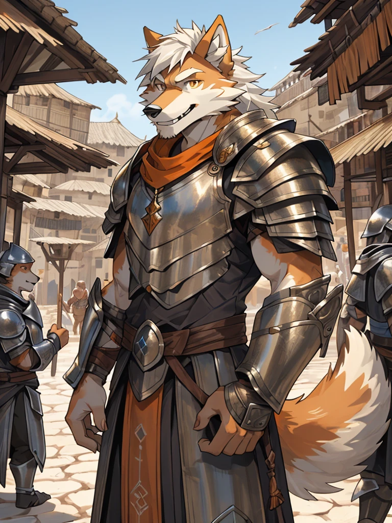 1man,Correct body structure,Correct finger structure,Correct pupil structure,single person, ((orange fur)), orange wolf, white hair, smile, brown pupils, wolf tail, strong, Medium length hair, Middle Ages, armor, bazaar